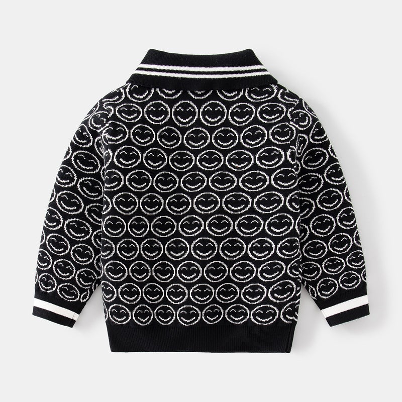 Fashionable Lapel Autumn Boys Striped Smiley Face Cotton Sweater Casual Chessboard Plaid Long Sleeve Warm Pullover Sweater - Image 4