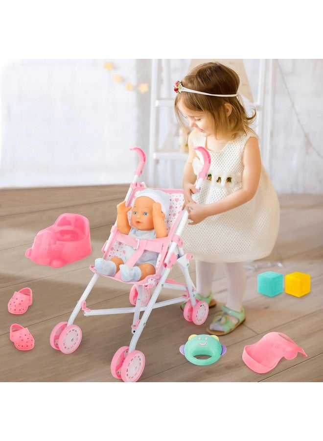 deAO مجموعة عربة أطفال مع دمية مقاس 13 بوصة، ألعاب عربة أطفال للأطفال، مجموعة دمية مقاس 13 بوصة مع عربة دمية قابلة للطي، 18 قطعة من إكسسوارات دمية الأطفال مع مجموعتين من ملابس الدمية - Image 4