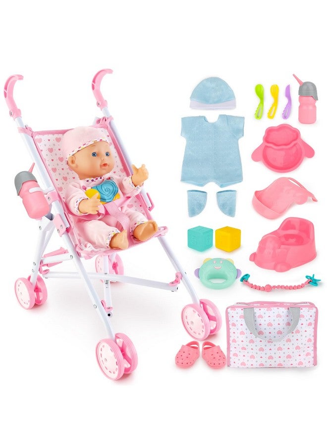 deAO مجموعة عربة أطفال مع دمية مقاس 13 بوصة، ألعاب عربة أطفال للأطفال، مجموعة دمية مقاس 13 بوصة مع عربة دمية قابلة للطي، 18 قطعة من إكسسوارات دمية الأطفال مع مجموعتين من ملابس الدمية - Image 2