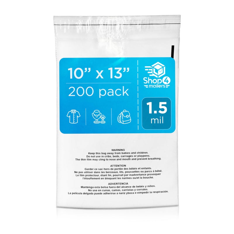 Shop4Mailers 10x13 Clear Poly Bag with Suffocation Warning SelfSeal Adhesive 15 Mil Clear Bag for FBA Packaging Bags Clothes Storage Shipping Bags Resealable Poly Mailers Pack of 200
