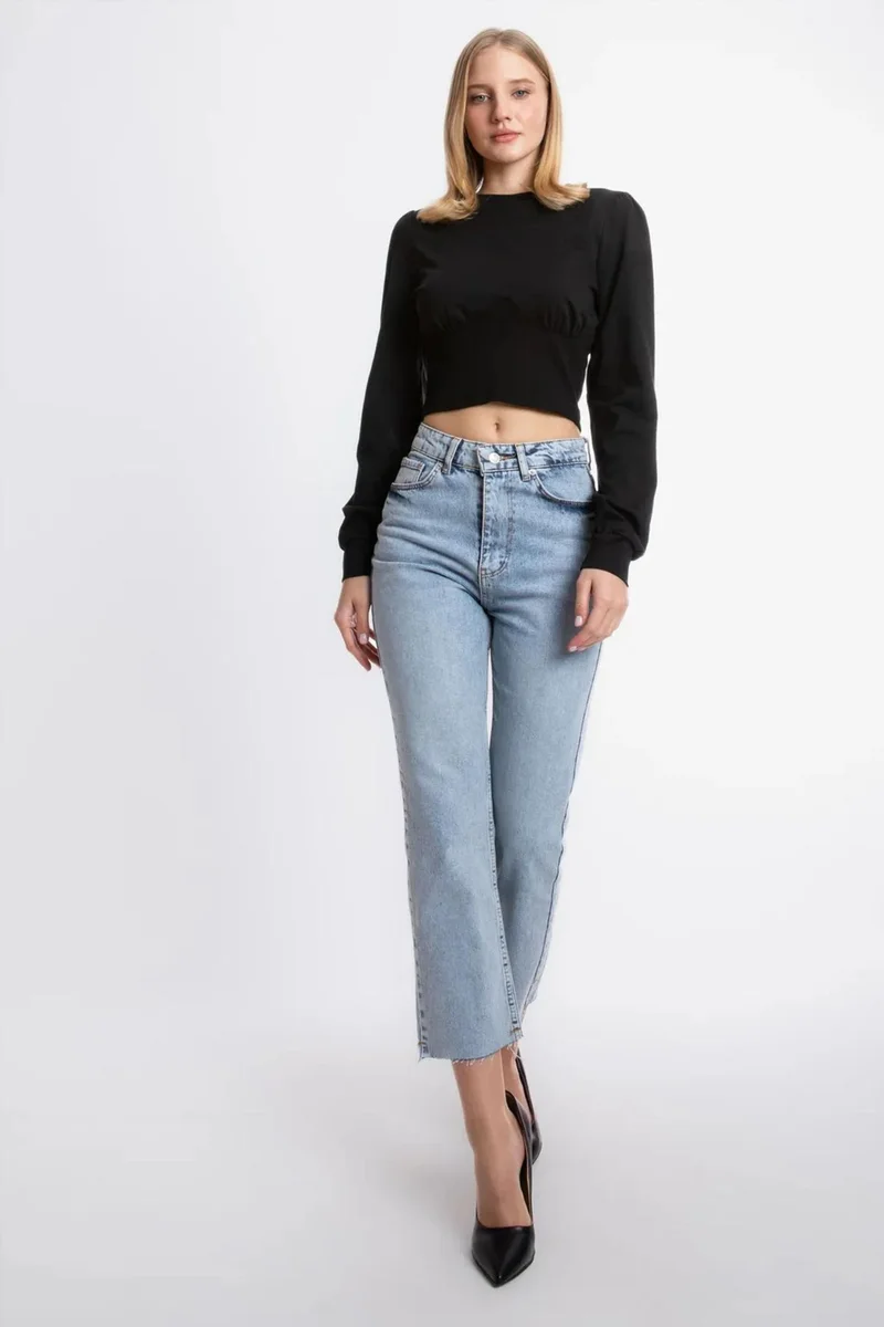 Hiccup Black Round Neck Detailed Long Sleeve Cropped Top for Women | Best Price UAE