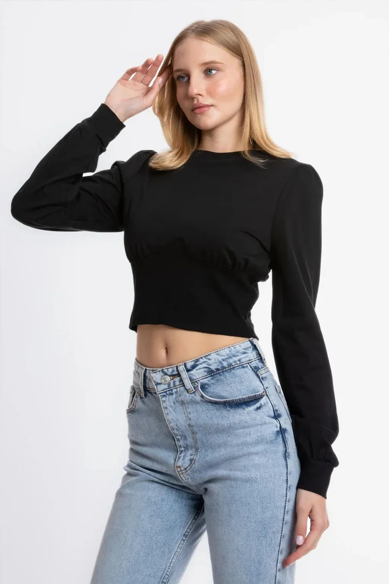 Hiccup Black Round Neck Detailed Long Sleeve Cropped Top for Women | Best Price UAE