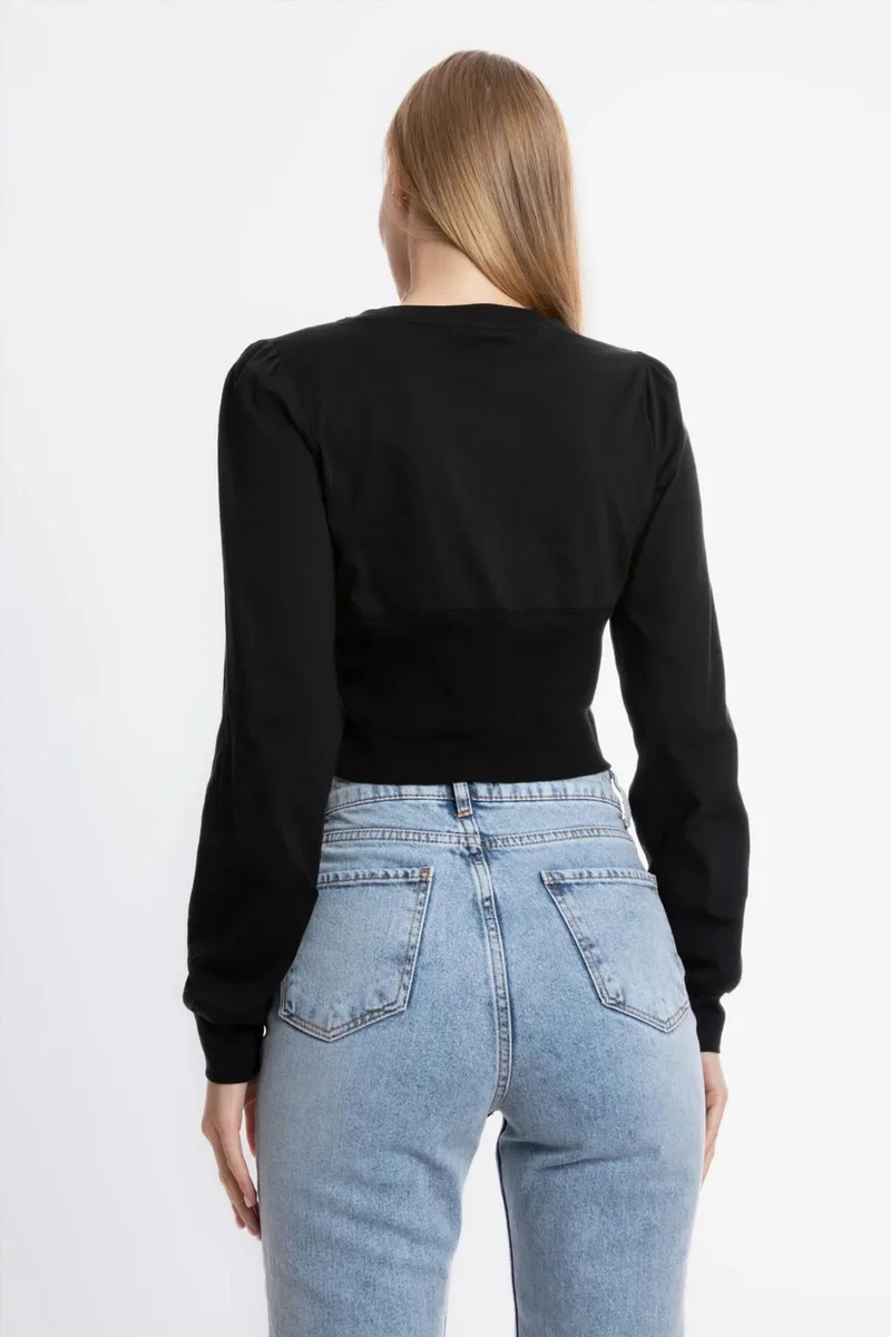 Hiccup Black Round Neck Detailed Long Sleeve Cropped Top for Women | Best Price UAE