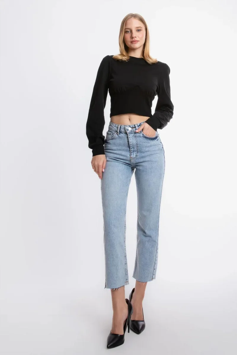 Hiccup Black Round Neck Detailed Long Sleeve Cropped Top for Women | Best Price UAE