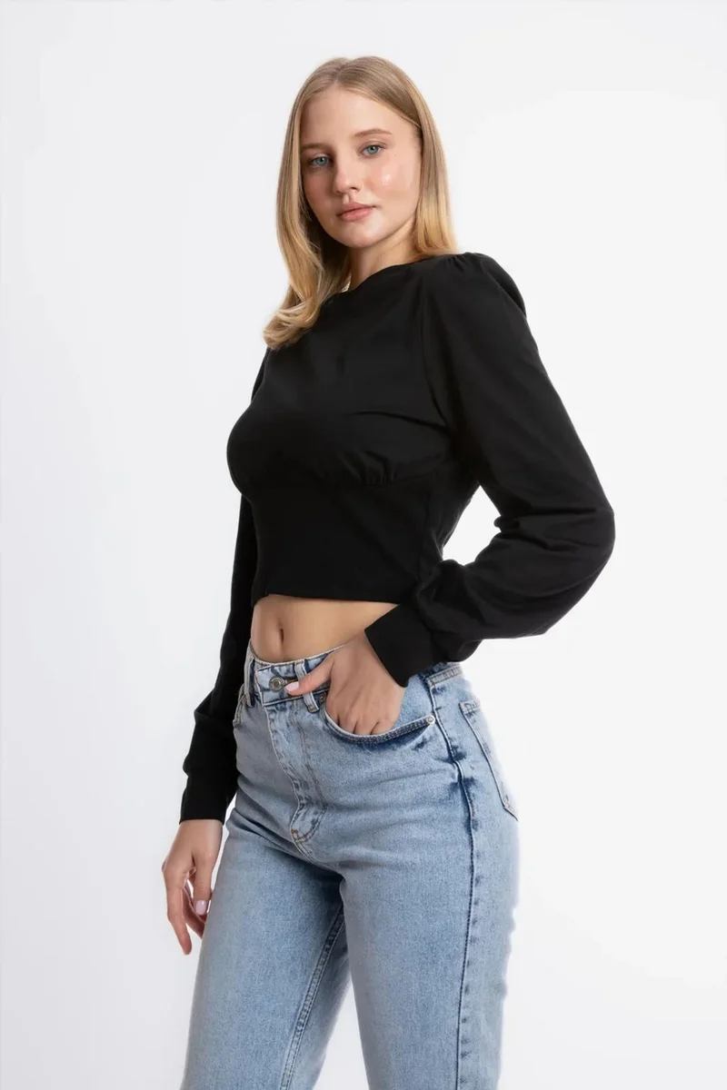 Hiccup Black Round Neck Detailed Long Sleeve Cropped Top for Women | Best Price UAE