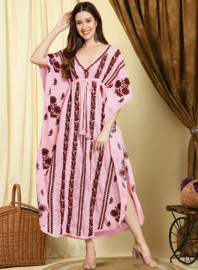 Alaya Hand Embroidered Chikankari Cotton Kaftan Pink&Maroon-AL2480