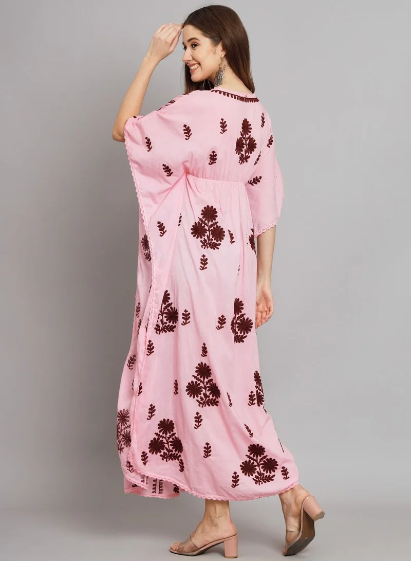 Alaya Hand Embroidered Chikankari Cotton Kaftan Pink&Maroon-AL2480