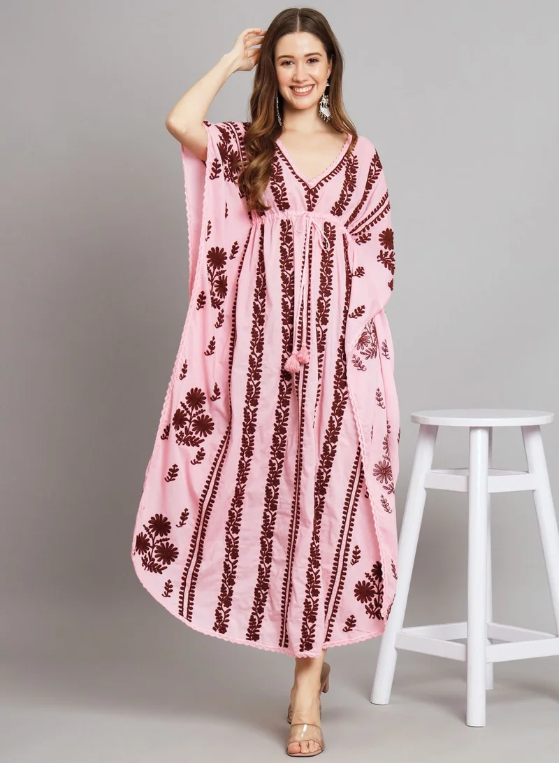 Alaya Hand Embroidered Chikankari Cotton Kaftan Pink&Maroon-AL2480