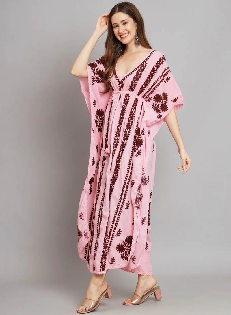 Alaya Hand Embroidered Chikankari Cotton Kaftan Pink&Maroon-AL2480