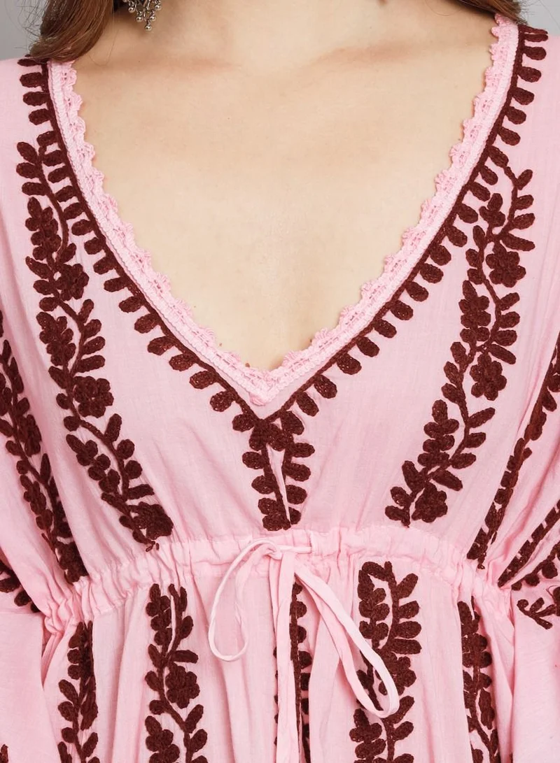 Alaya Hand Embroidered Chikankari Cotton Kaftan Pink&Maroon-AL2480