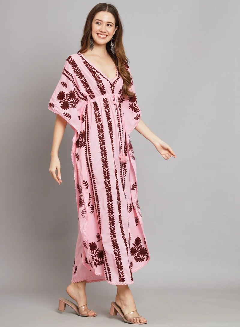 Alaya Hand Embroidered Chikankari Cotton Kaftan Pink&Maroon-AL2480