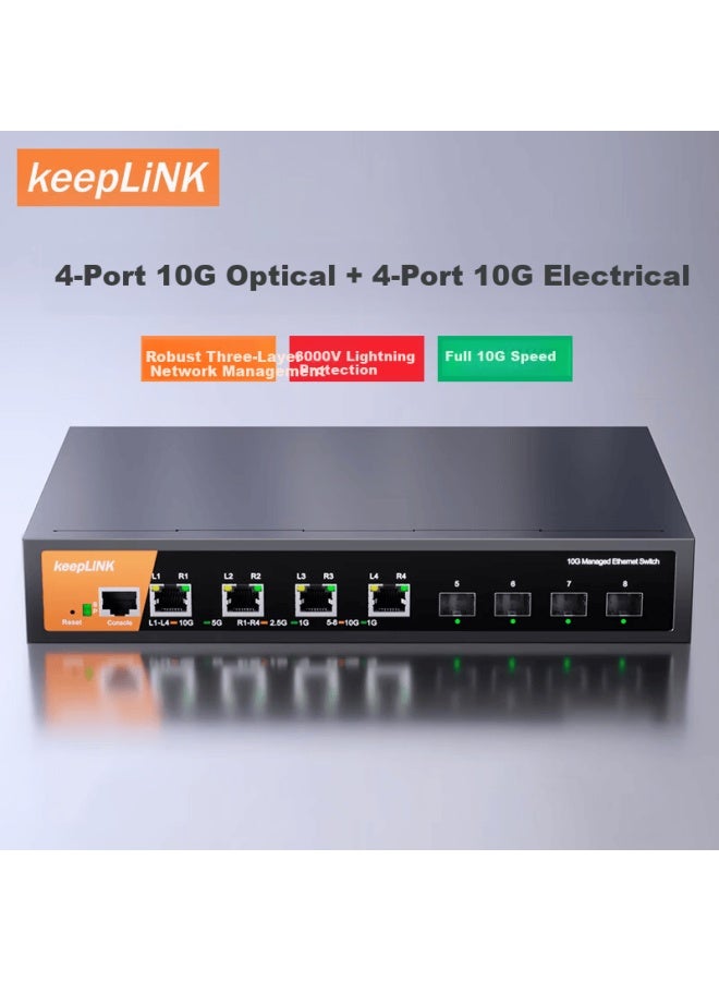 مفتاح كيبلينك Kp-9000-8xtm-x4-ac 8 منافذ 10g مع 4 منافذ كهربائية 10g + 4 منافذ بصرية 10g، مُدار من الطبقة 3، يدعم التوجيه الديناميكي Ipv4