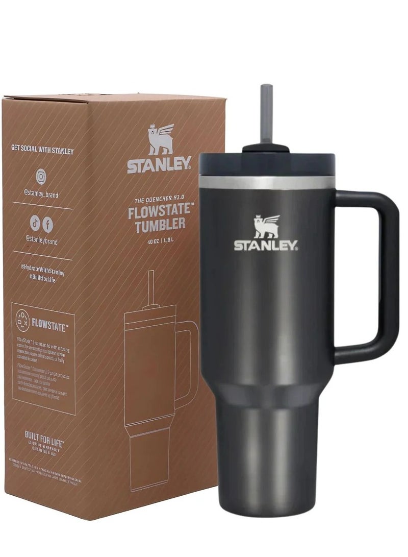 Quencher H2.0 FlowState Vacuum Insulated Tumbler – 40 oz Black Stainless Steel Travel Mug with Lid & Reusable Straw | Double-Walled Leakproof Design Keeps Drinks Hot for 7 Hours & Cold for 24 Hours | Durable, Portable, BPA-Free Hydration Bottle for Daily Use**