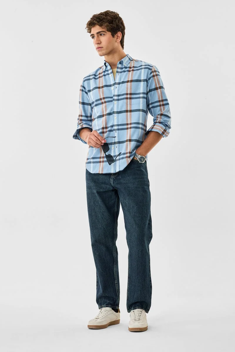 سنيتش Light Blue Checkered Long Sleeve Slim Fit Shirt