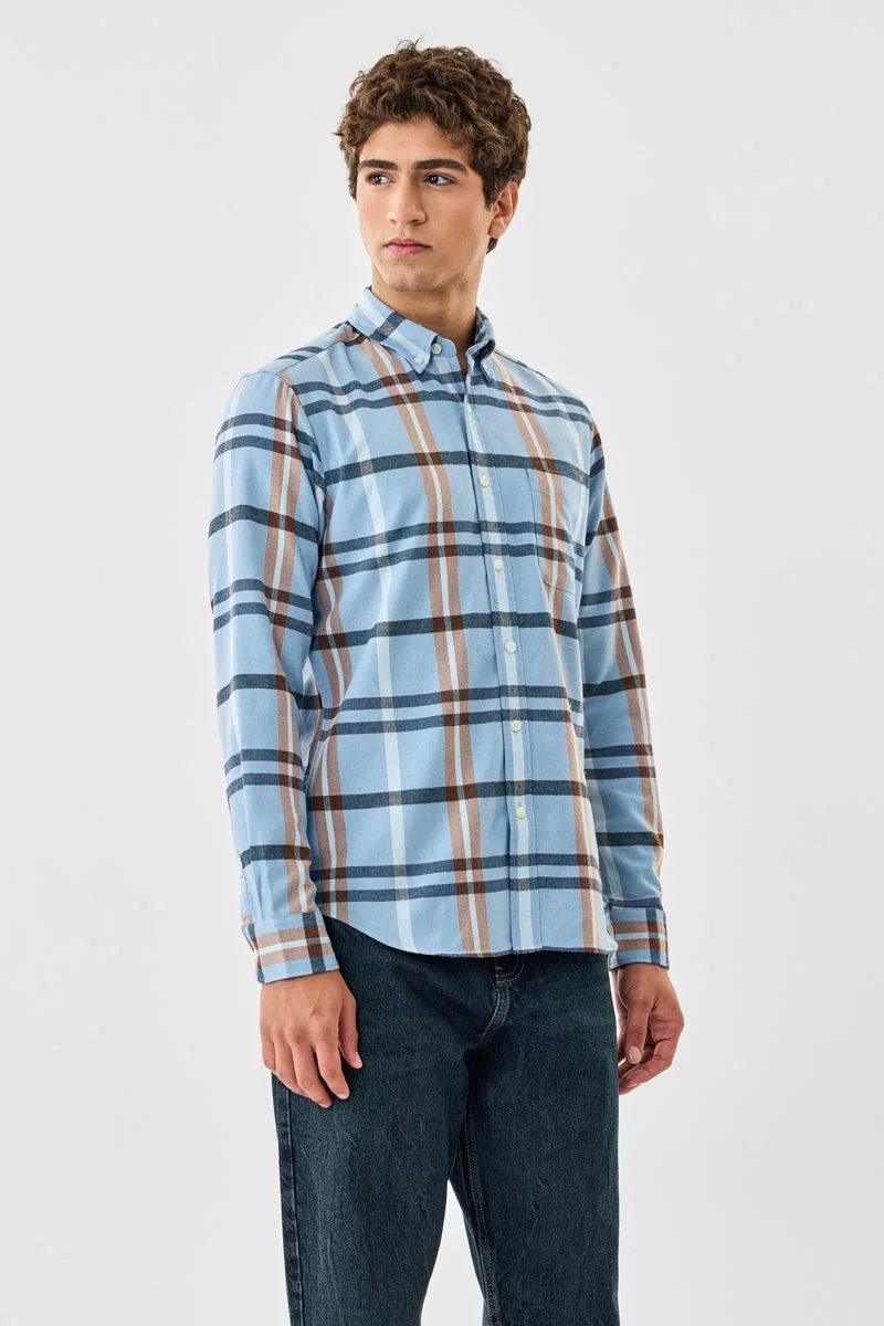 سنيتش Light Blue Checkered Long Sleeve Slim Fit Shirt