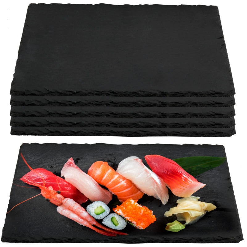 PINGEUI 6 PCS 12 x 8 Inches Black Slate Cheese Board  Rectangular Slate Stone Serving Plates with Natural Edge  Modern Slate Cheese Platter Tray Cutting Board for Cheese  Appetizer  Sushi  Charcuterie - Image 1