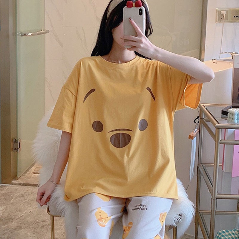 بدلة صيفية رقيقة من البيجاما النسائية بأكمام قصيرة على طراز كوري مع رسومات كرتونية لطيفة - Image 5