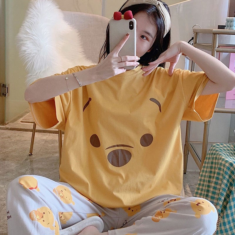 بدلة صيفية رقيقة من البيجاما النسائية بأكمام قصيرة على طراز كوري مع رسومات كرتونية لطيفة - Image 2