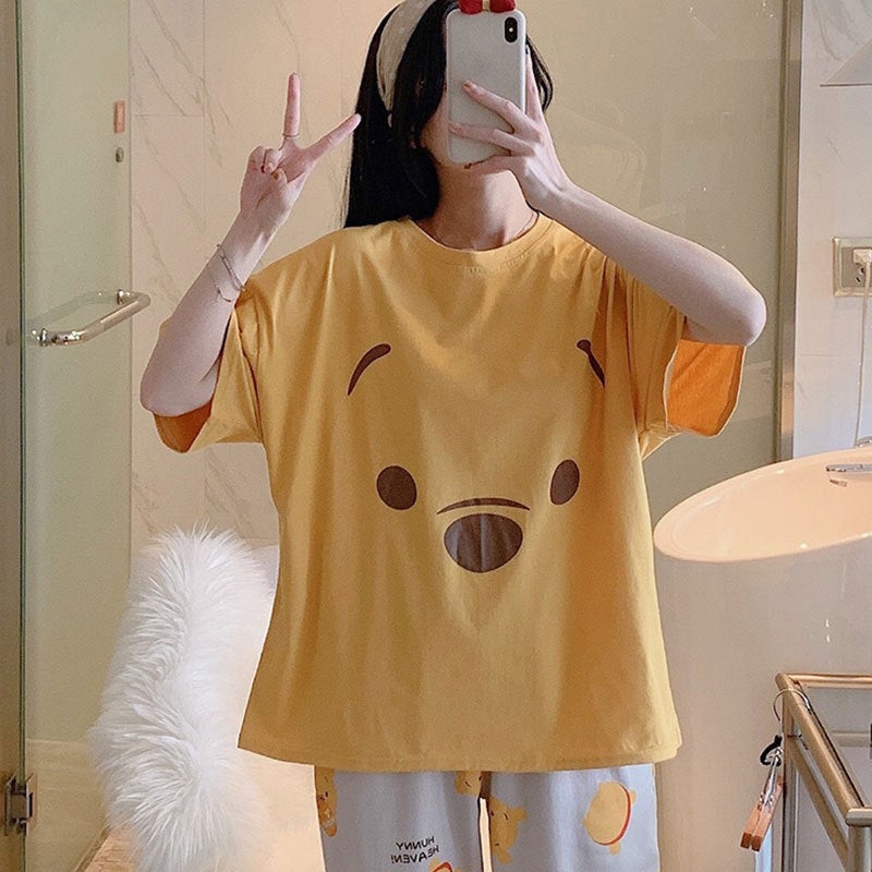 بدلة صيفية رقيقة من البيجاما النسائية بأكمام قصيرة على طراز كوري مع رسومات كرتونية لطيفة - Image 4