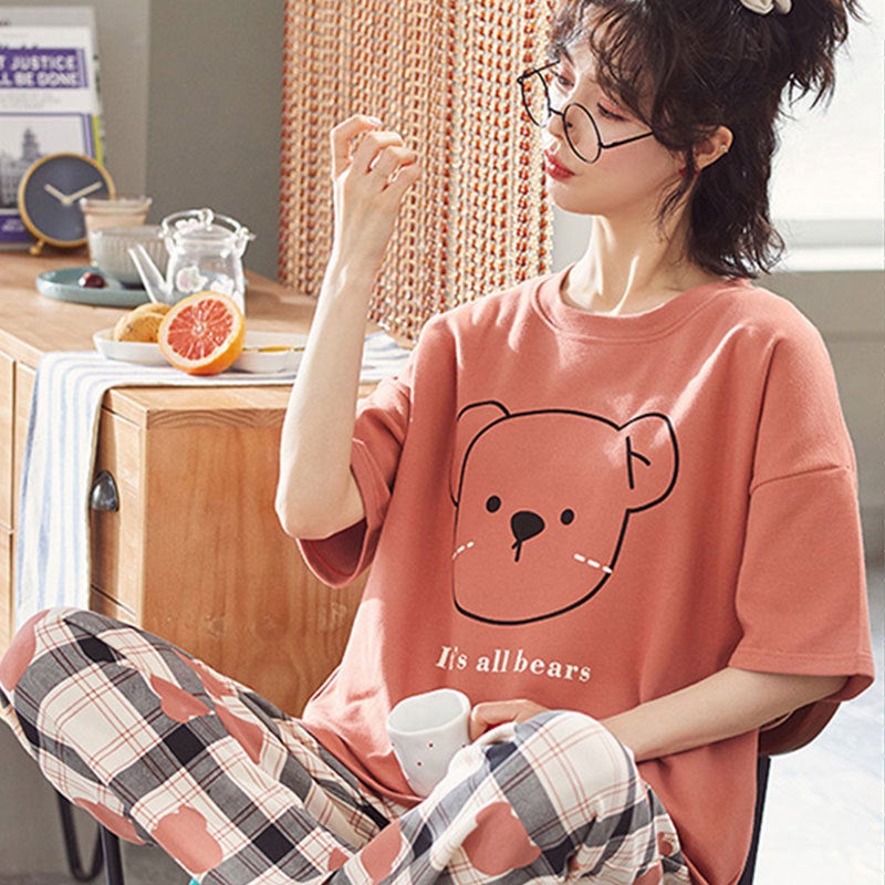 بدلة صيفية رقيقة من البيجاما النسائية بأكمام قصيرة على طراز كوري مع رسومات كرتونية لطيفة - Image 1