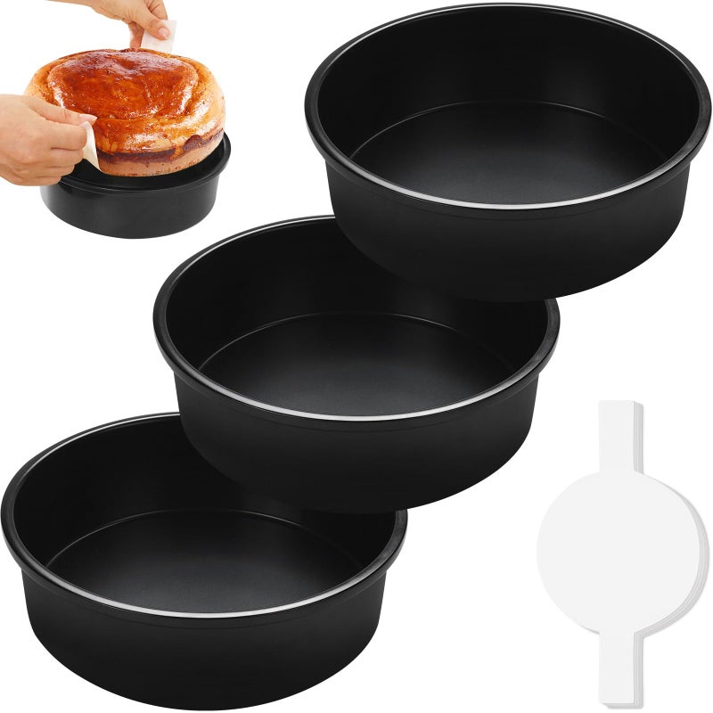 BakerChef 8 Inch Cake Pan Set of 3, Nonstick Round Cake Pans with 110 PCS Parchment Paper, Non-Toxic Carbon Steel Cake Baking Pans, Dishwasher Safe - Image 1