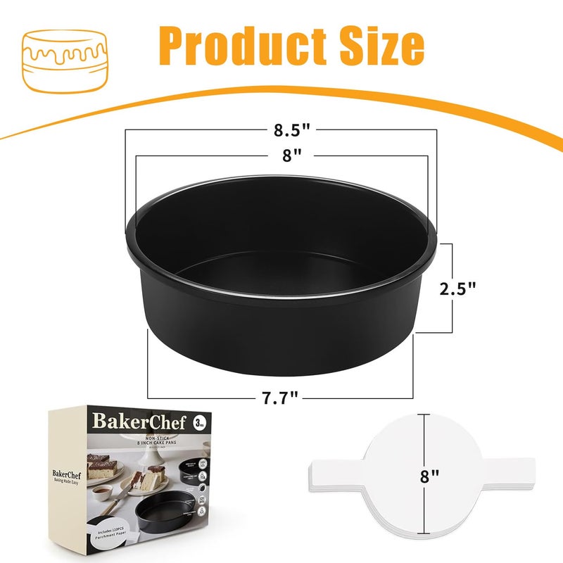 BakerChef 8 Inch Cake Pan Set of 3, Nonstick Round Cake Pans with 110 PCS Parchment Paper, Non-Toxic Carbon Steel Cake Baking Pans, Dishwasher Safe - Image 3