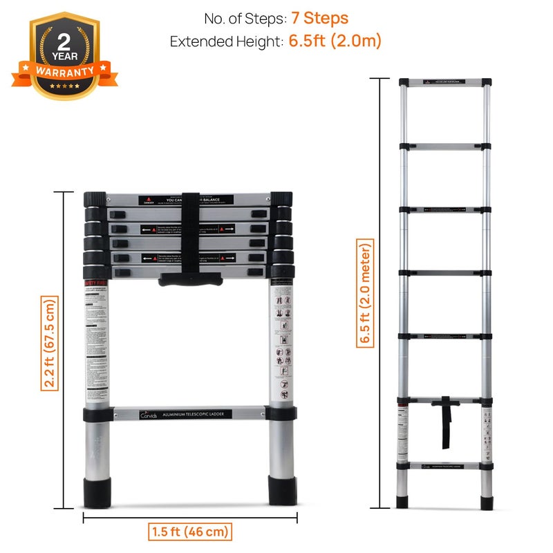 Corvids 20m 65 feet Portable Compact Aluminium Telescopic Ladder 2Year Warranty EN 131 Certified 7Steps Foldable Multipurpose Step Ladder for Home Outdoor use - Image 3