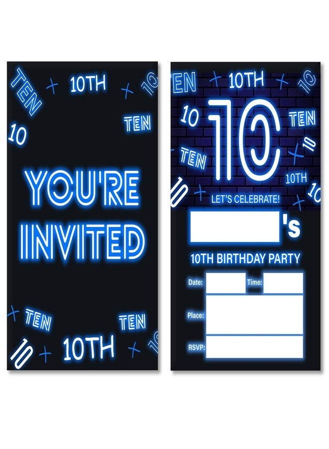 Soiceu Boy 10th Birthday Invitations Invites Blue Neon Tenth Birthday Party Invitations with Envelopes Set of 20 - Image 2