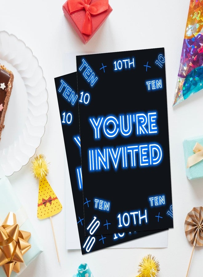 Soiceu Boy 10th Birthday Invitations Invites Blue Neon Tenth Birthday Party Invitations with Envelopes Set of 20 - Image 3