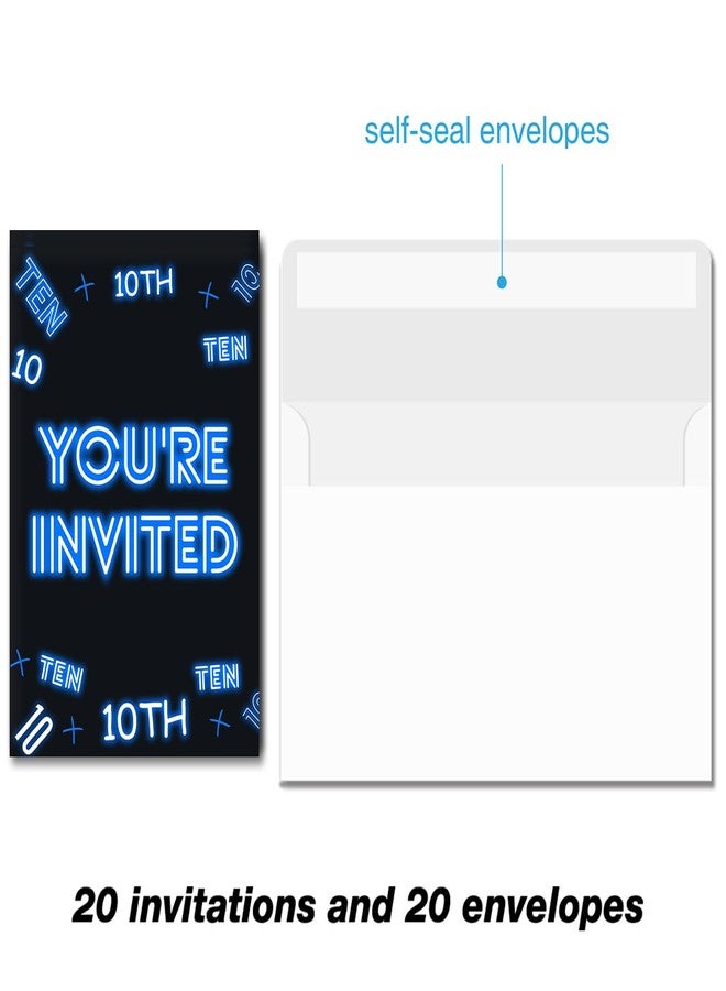 Soiceu Boy 10th Birthday Invitations Invites Blue Neon Tenth Birthday Party Invitations with Envelopes Set of 20 - Image 4