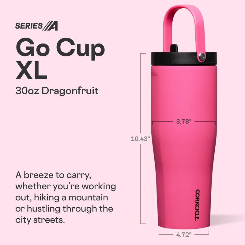 Corkcicle Go Cup XL - Leak-Proof Travel Tumbler - Triple Insulated Stainless Steel Water Bottle - Easy-Carry Handle - Summer Drinkware Gift - Keeps Drinks Ice Cold - 30 oz - Dragonfruit - Image 2