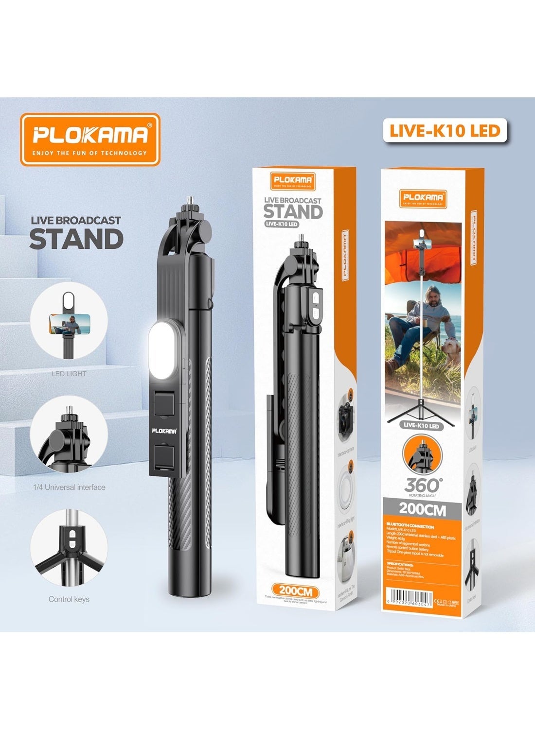 plokama Plokama Live K10 Led Selfie Stick Steel And Abs Plastic Extended Height 35-200cm Led Fil ZA6095BAF6F144BE8E961Z