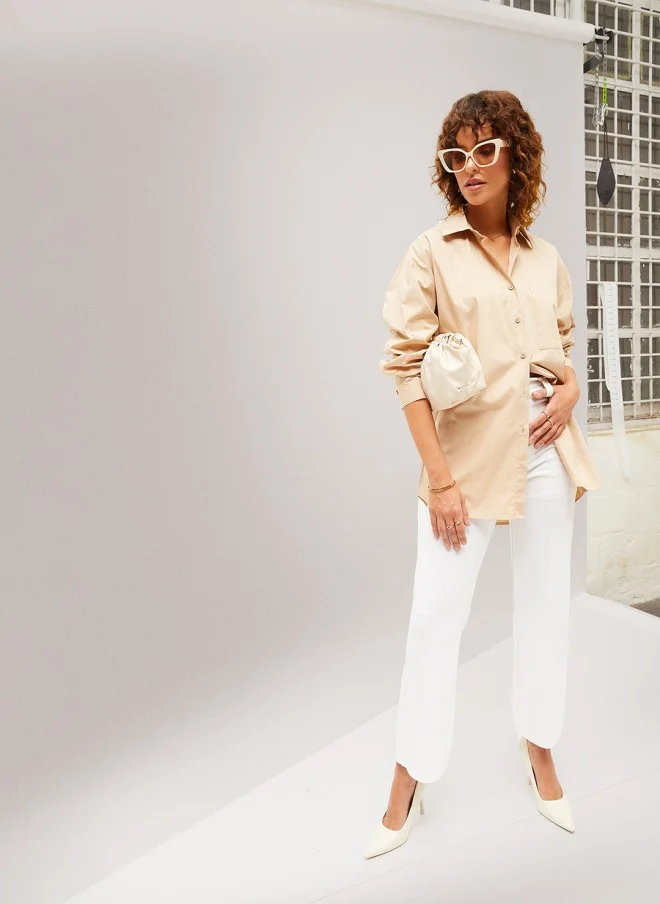 SASSAFRAS Beige Oversized Casual Cotton Shirt for Women