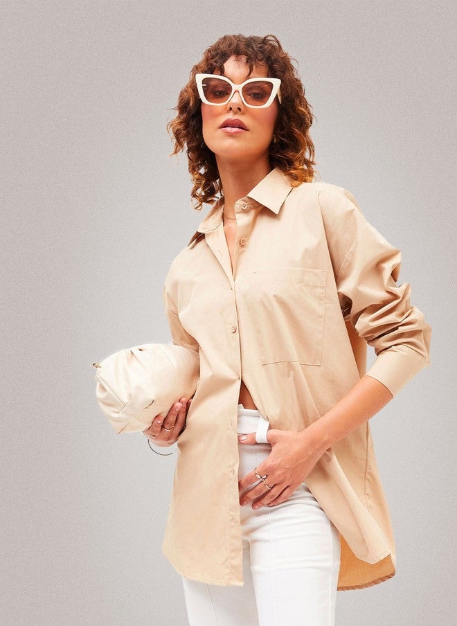 ساسافراس قميص قطني واسع كاجوال نسائي بيج - Image 1