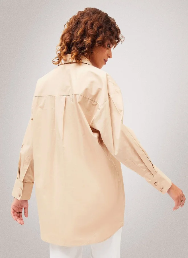 SASSAFRAS Beige Oversized Casual Cotton Shirt for Women
