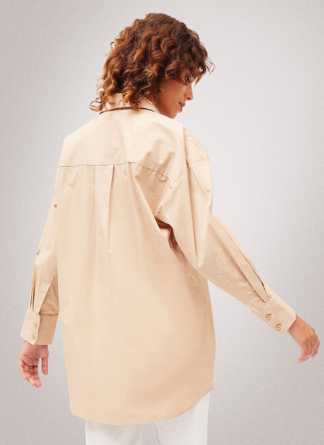 ساسافراس قميص قطني واسع كاجوال نسائي بيج - Image 4