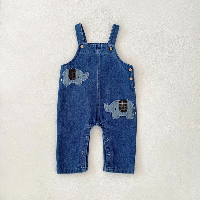 2025 Spring Wear Baby Baby Baby Elephant Embroidered Denim Suit Strappies Printed Base T-Shirt - Image 1