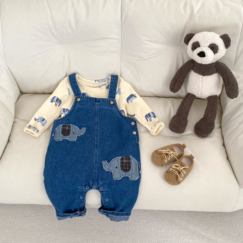 2025 Spring Wear Baby Baby Baby Elephant Embroidered Denim Suit Strappies Printed Base T-Shirt - Image 5