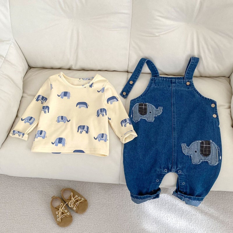 2025 Spring Wear Baby Baby Baby Elephant Embroidered Denim Suit Strappies Printed Base T-Shirt - Image 4