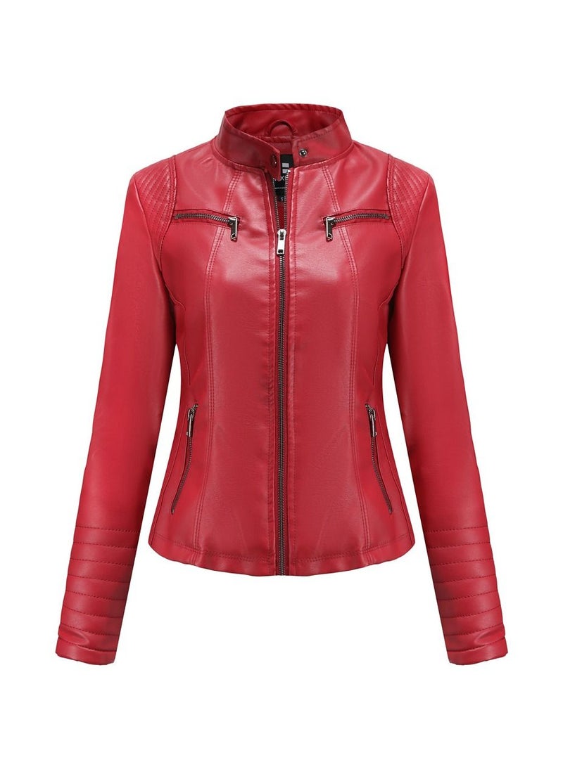 Loquat Women's Short Leather Clothing, Thin Motorcycle Clothing Red  - Image 1