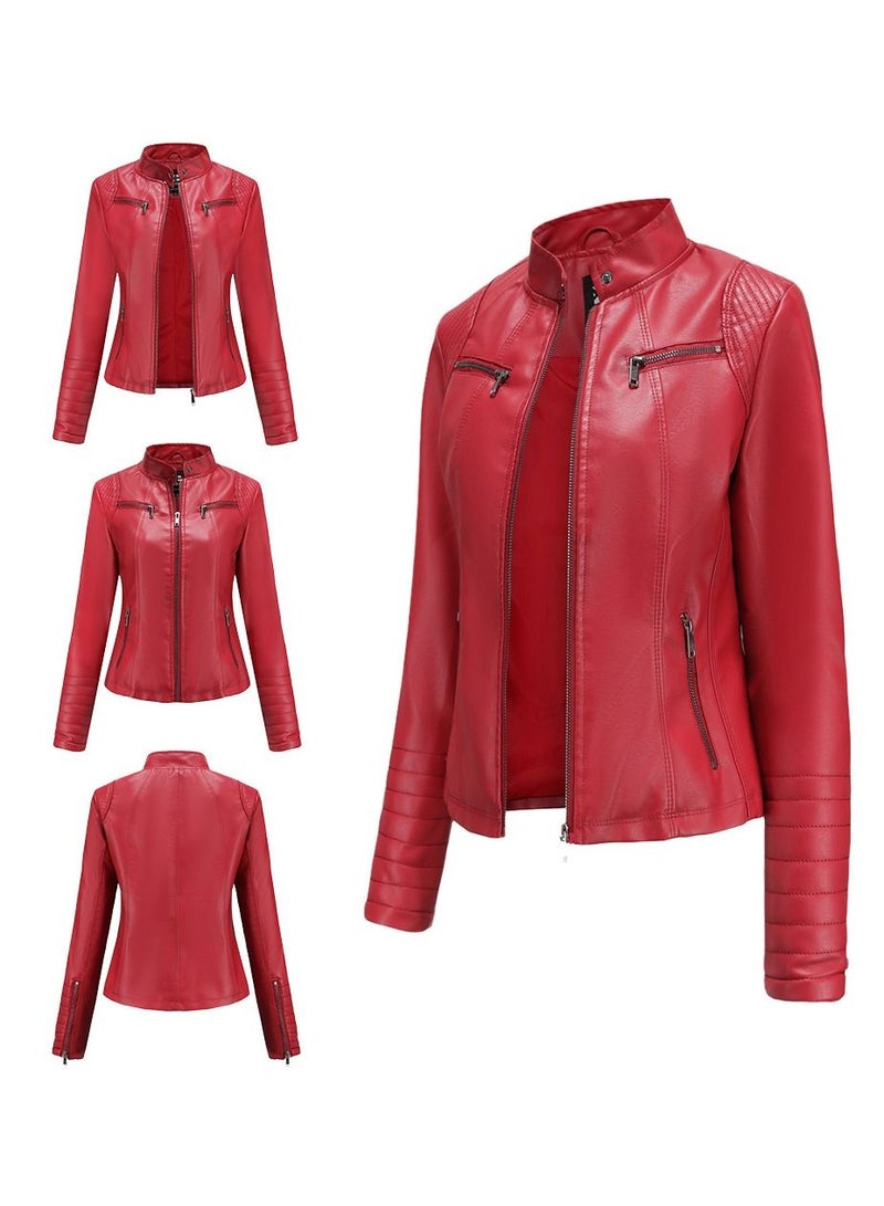 Loquat Women's Short Leather Clothing, Thin Motorcycle Clothing Red  - Image 2