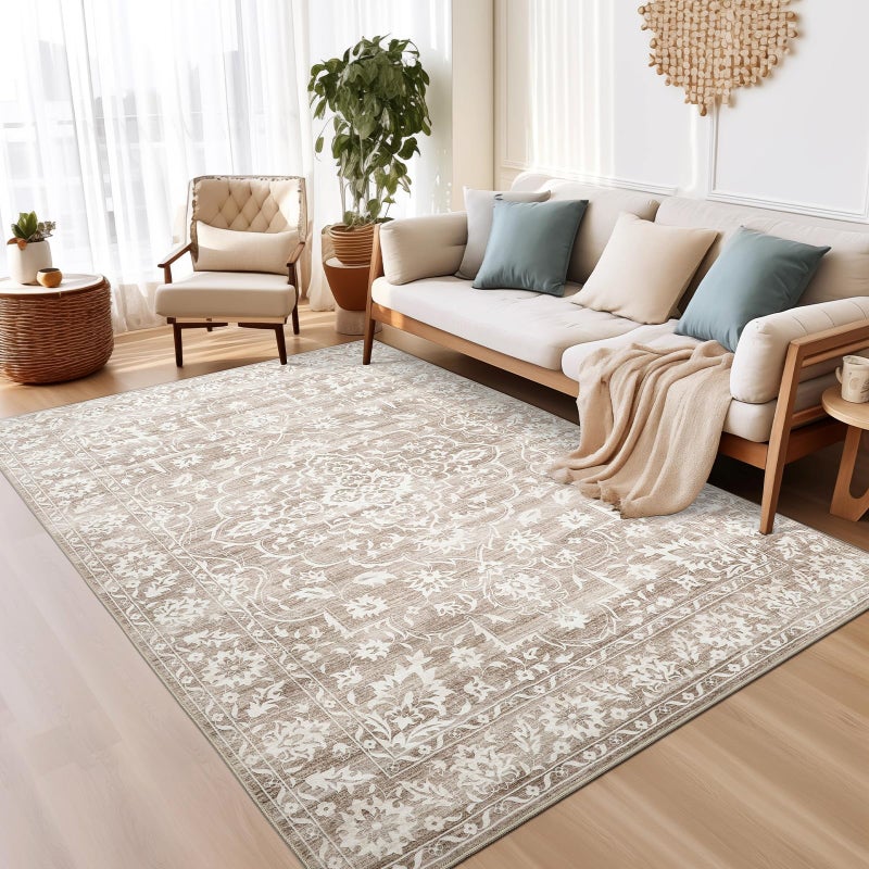 Soalmost Area Rugs 5x7 for Living Room Floral Washable Rugs for Dining Room Bedroom Vintage NonSlip Thin Area RugLight Brown 5x7