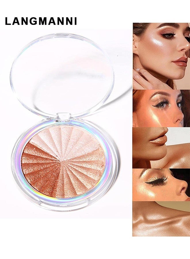 LANGMANNI 3 Colors Shimmer Highlighter Makeup Palette, Contour Palette Powder for Brighten Face Body Contour Gold Cheek Highlight Makeup, Eyeshadow, Blush Compact Makeup, Eyeshadow, Blush Compact Makeup, Ilumin - Image 1