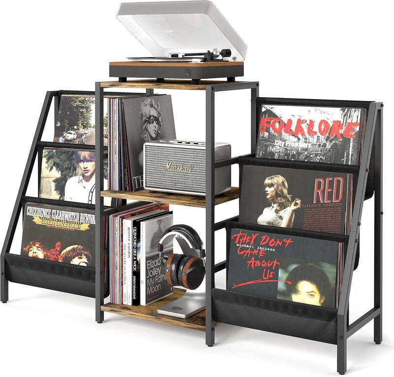 Keebofly Record Player Stand with Vinyl Storage, Record Player Table with Record Storage 200 Albums, Turntable Stand Record Holder Vinyl Display Shelf, Record Cabinet Media Stereo - Image 1