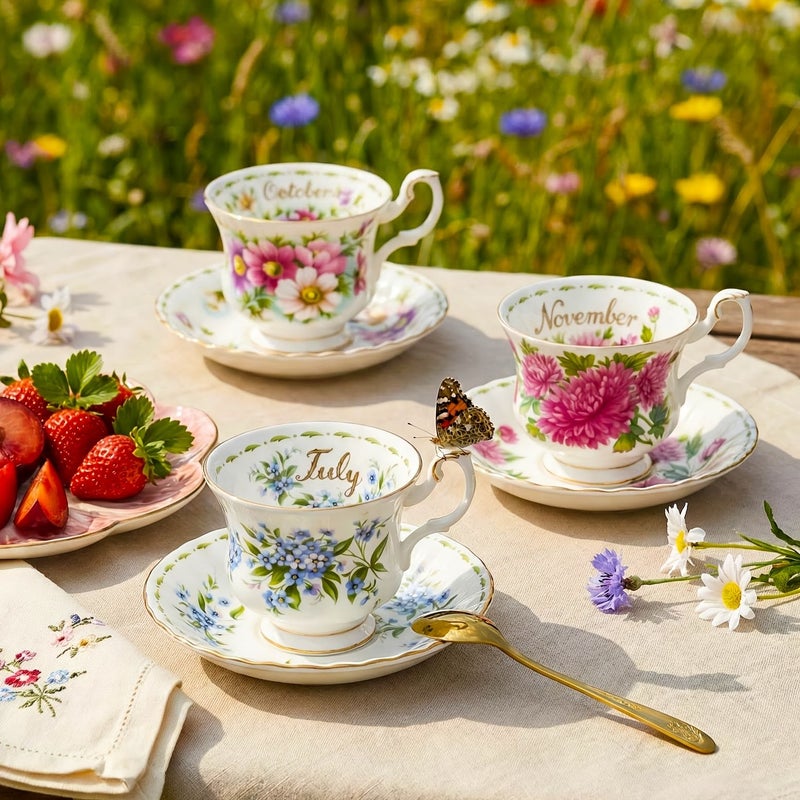 1pc Elegant August Twelve Months Floral Tea Cup And Saucer 6Oz Vintage Bone China Coffee Cup Easy Cleaning Perfect For Afternoon Tea Party Birthday Gift - Image 2