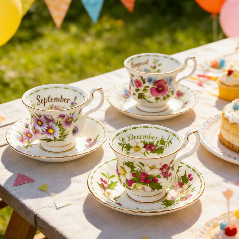1pc Elegant August Twelve Months Floral Tea Cup And Saucer 6Oz Vintage Bone China Coffee Cup Easy Cleaning Perfect For Afternoon Tea Party Birthday Gift - Image 4