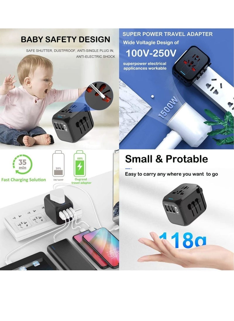 Gravity Universal Travel Adapter Plug with 3 USB & 1 Type-C Port,Fast Wall Plug Adapter Socket with UK/EU/AU/US Plugs,Multiport Charger Plug Converter - Image 3
