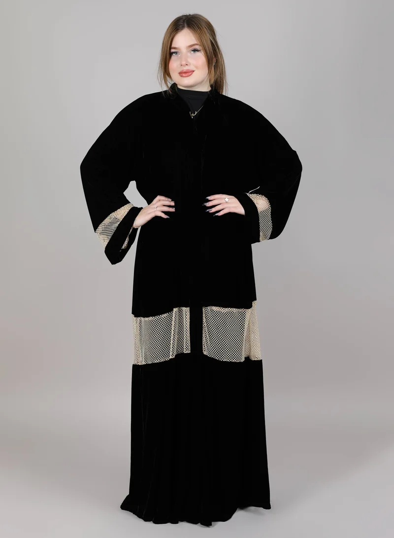 MSquare Fashion Msquare Black Velvet Abaya With Lace And Sheila