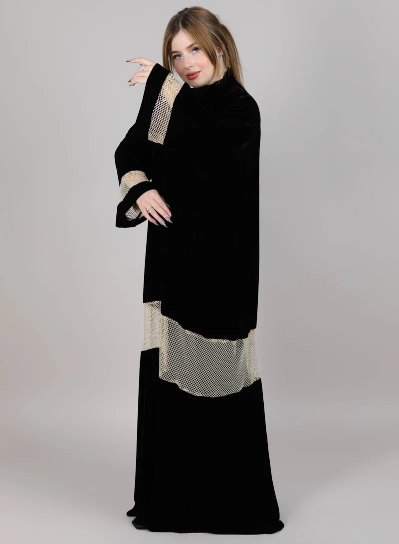 MSquare Fashion Msquare Black Velvet Abaya With Lace And Sheila