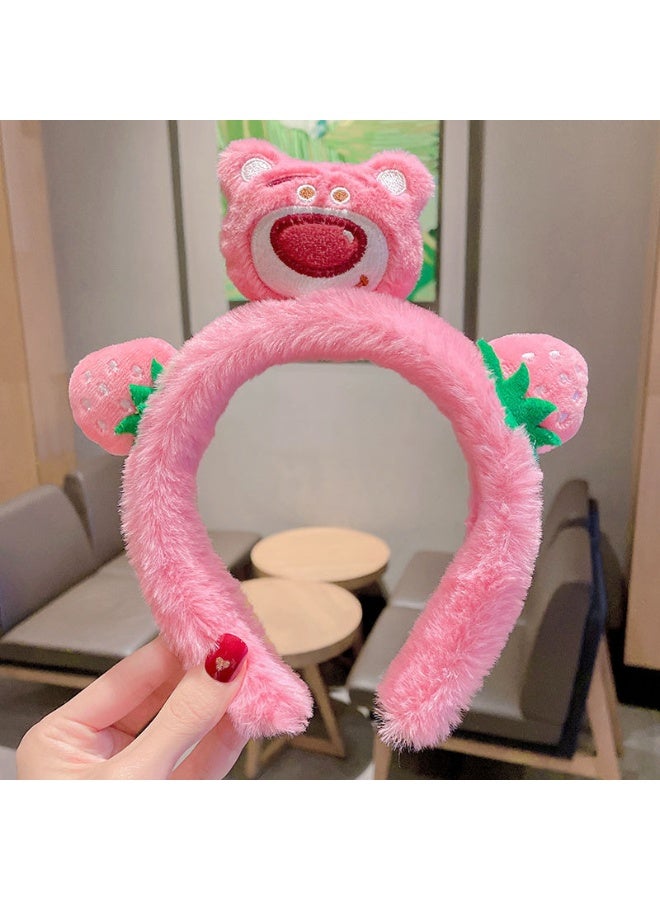 This plush, cute strawberry bear headband is perfect for women to wear while washing their face or going out It's a great hair accessory and hair tie (pink with two pink strawberries)